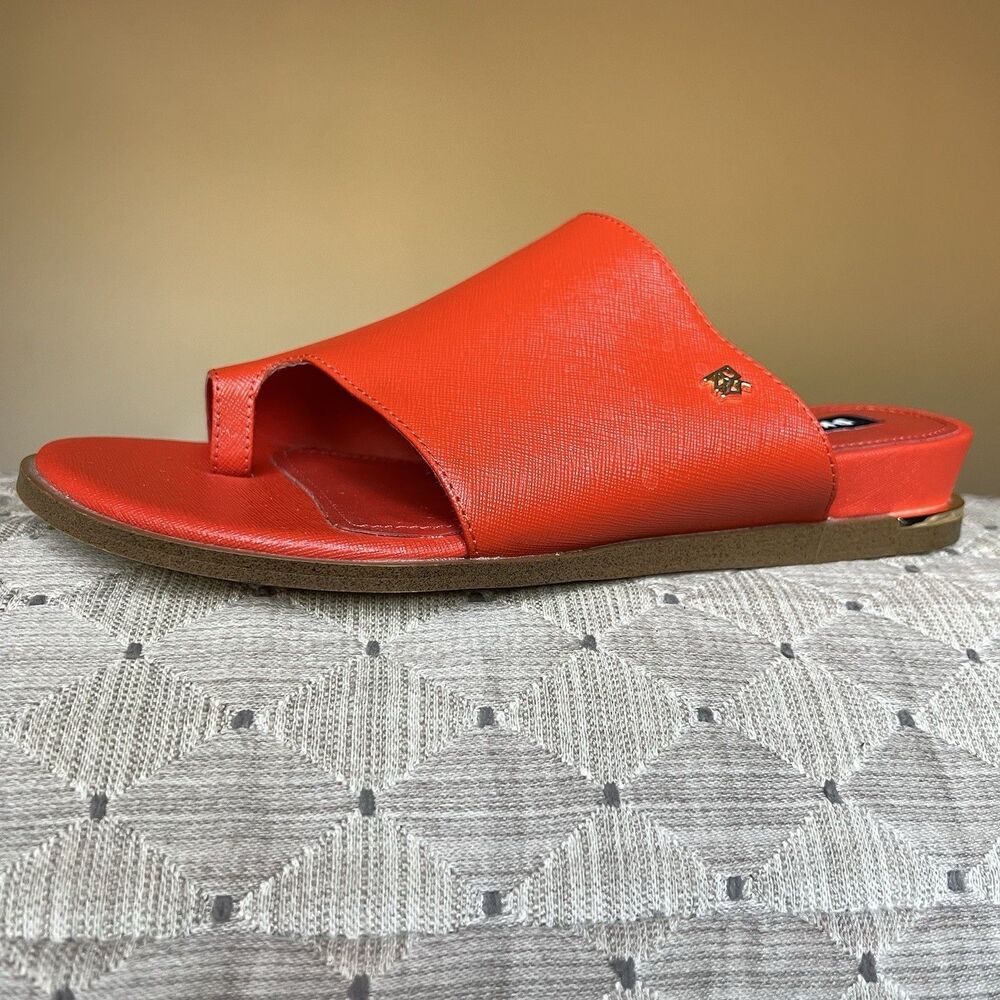 DKNY Daz Red Orange Leather Slide Sandals Women 9 M Toe‎ Loop Casual Resort